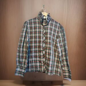Oak Hill Plaid Button Front Blouse Womens M Cottagecore Ruffle Collar